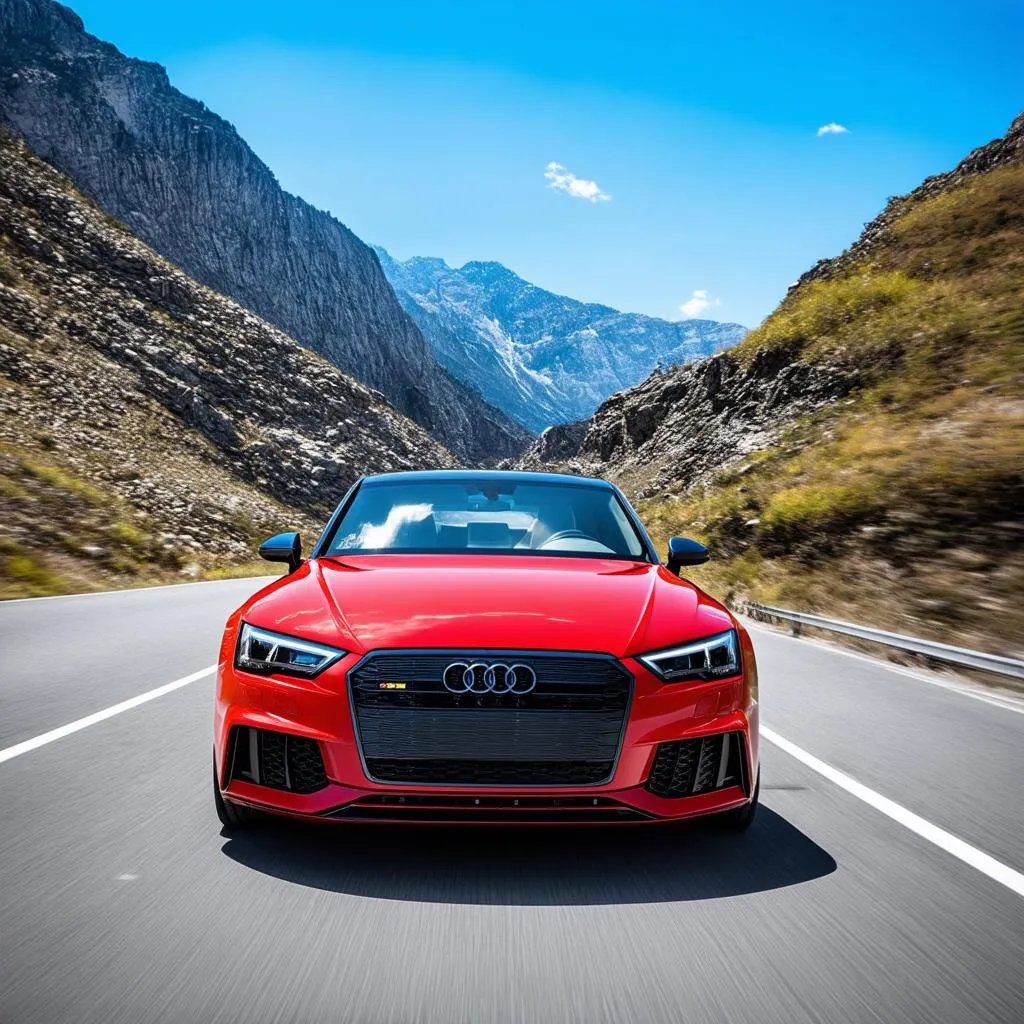 Red Audi driving on a scenic mountain road