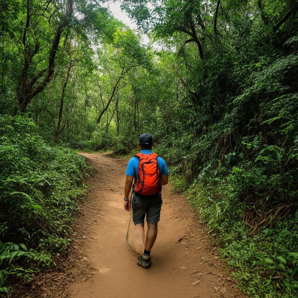 Hiker on a trail in Ba Vi National Park