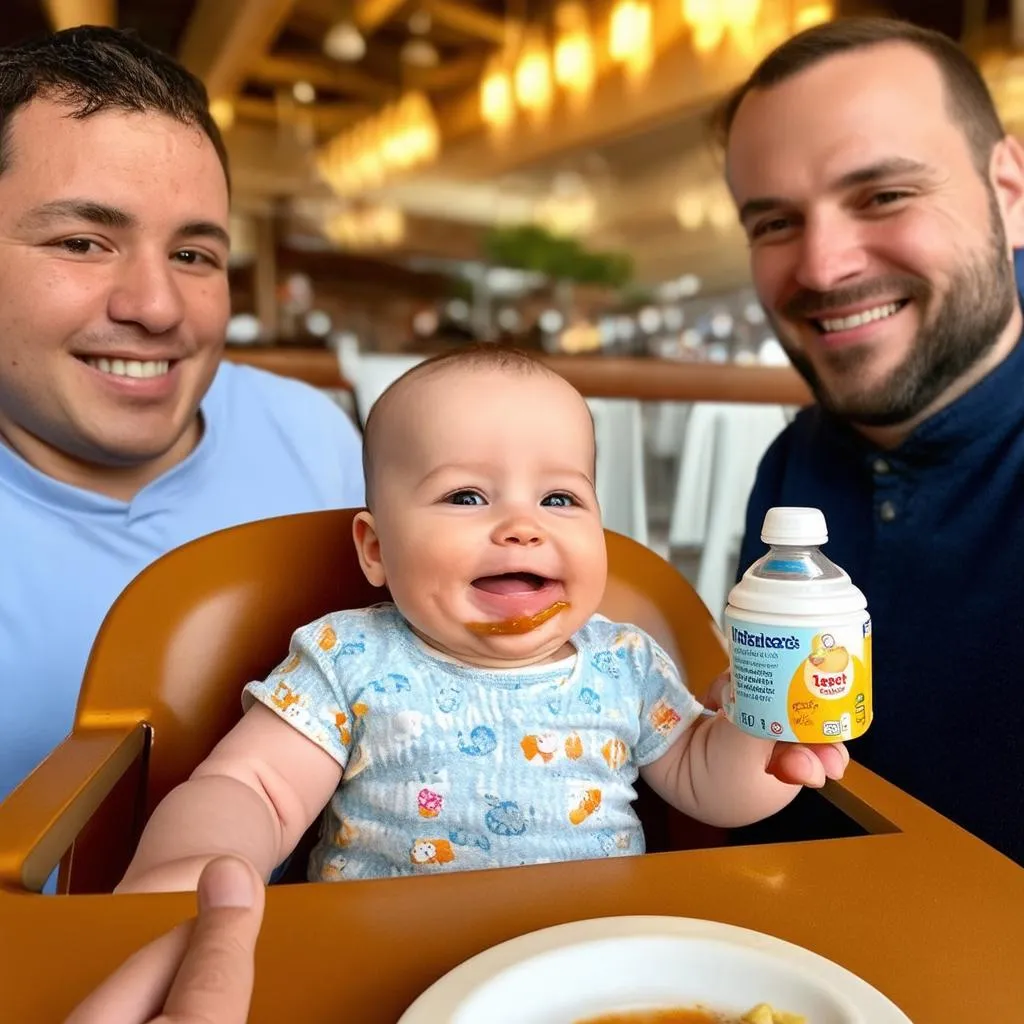 Baby eating formula at a cafe