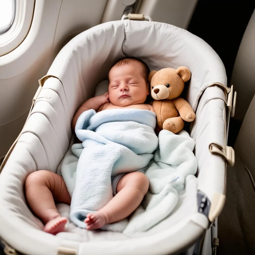 Baby Sleeping Peacefully in a Plane Bassinet