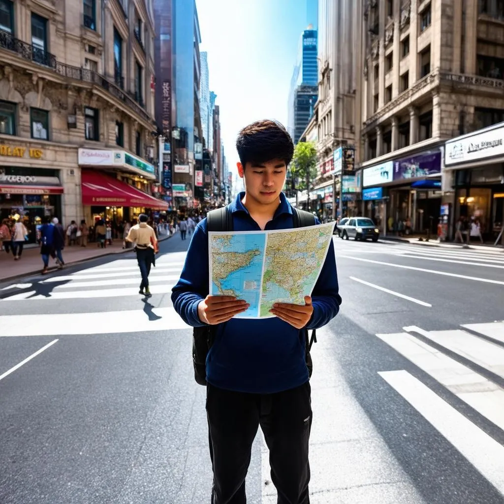 Backpacker with a map in hand, looking for directions in a bustling city