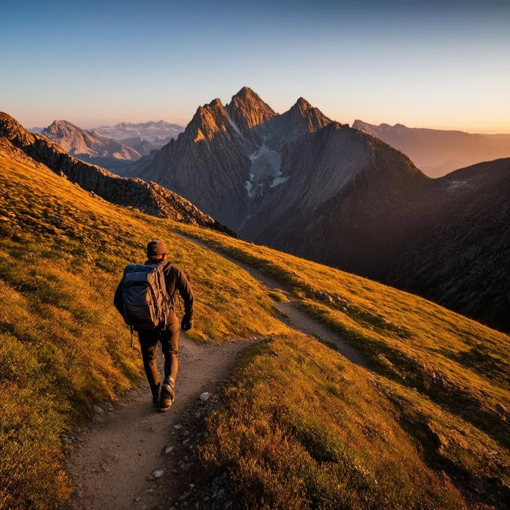 A backpacker with a backpack hiking on a mountain trail