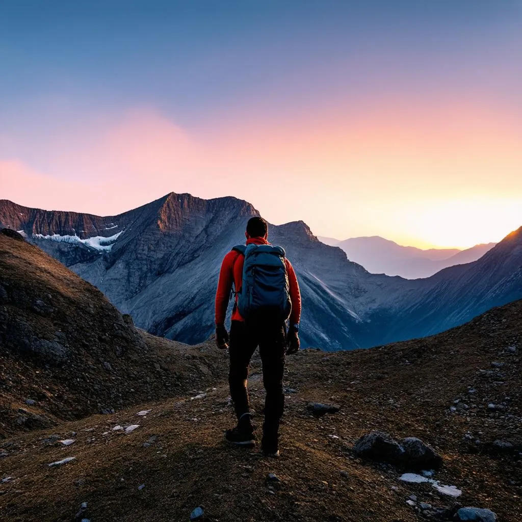 backpacker, mountains, sunset, travel, adventure