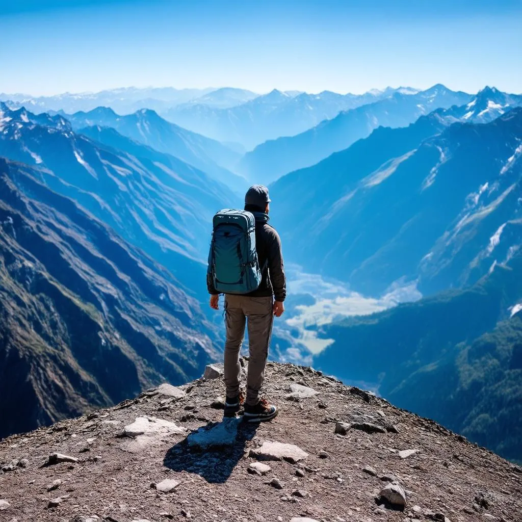 Backpacker admiring mountain view