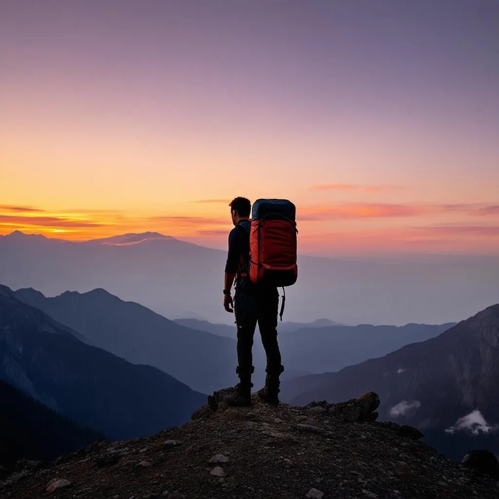 Backpacker with a backpack standing on top of a mountain admiring the sunrise