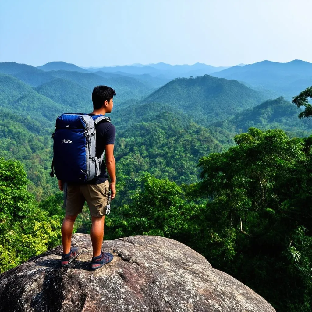 backpacker with backpack overlooking mountain landscape