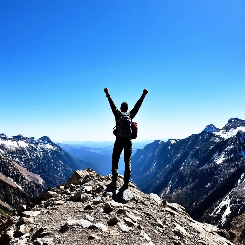 solo hiker celebrating