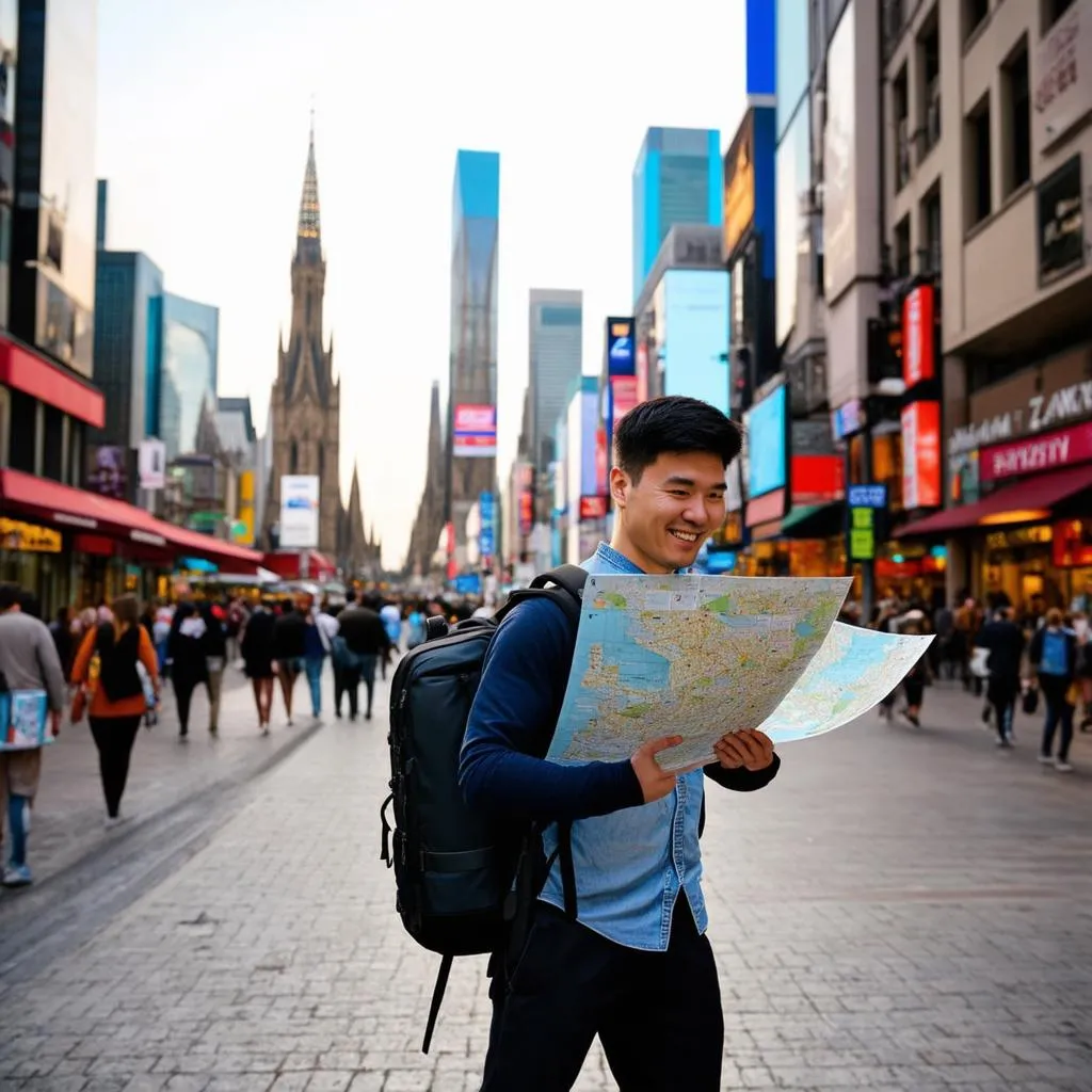 Backpacker exploring with a map