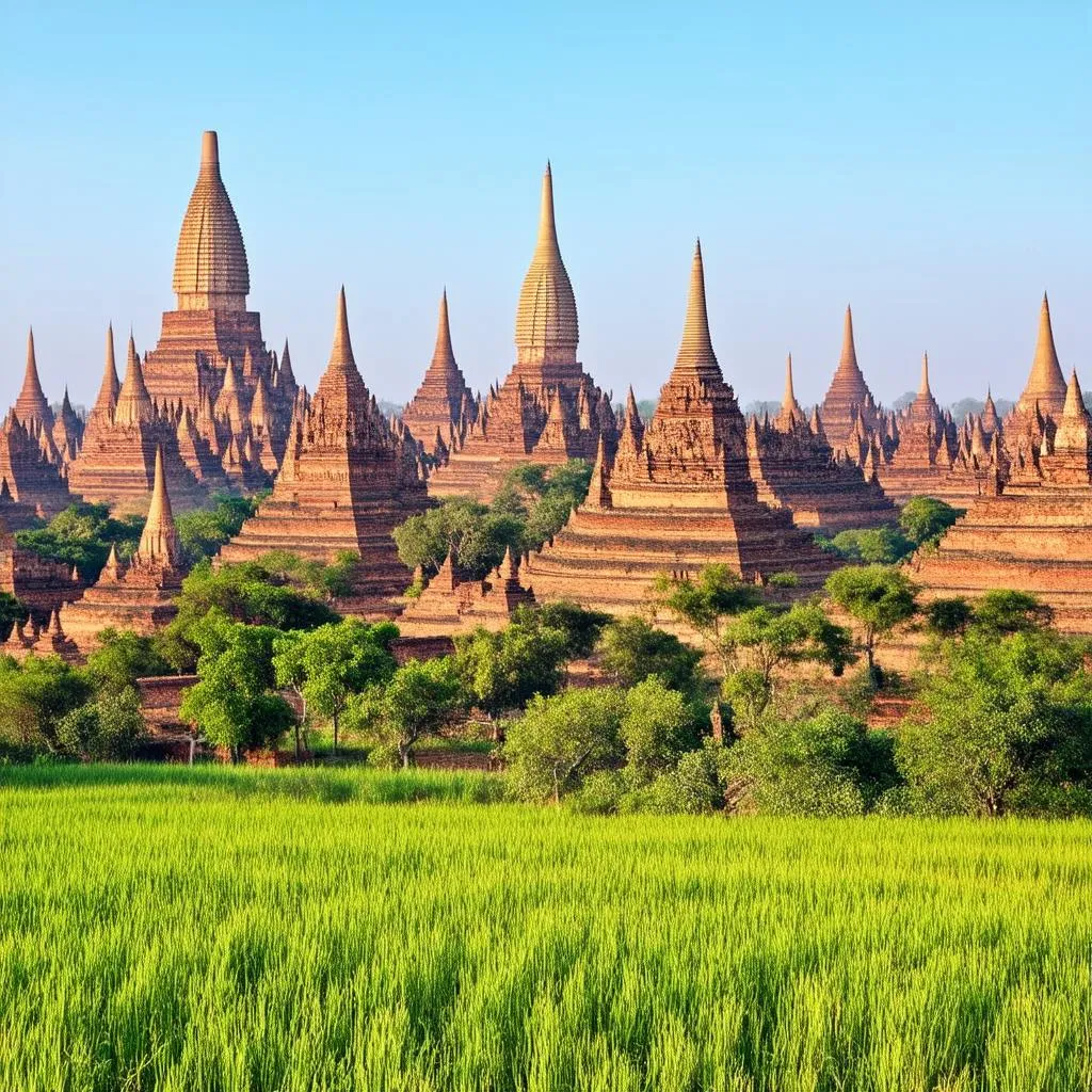 Ancient temples scattered among fields in Bagan