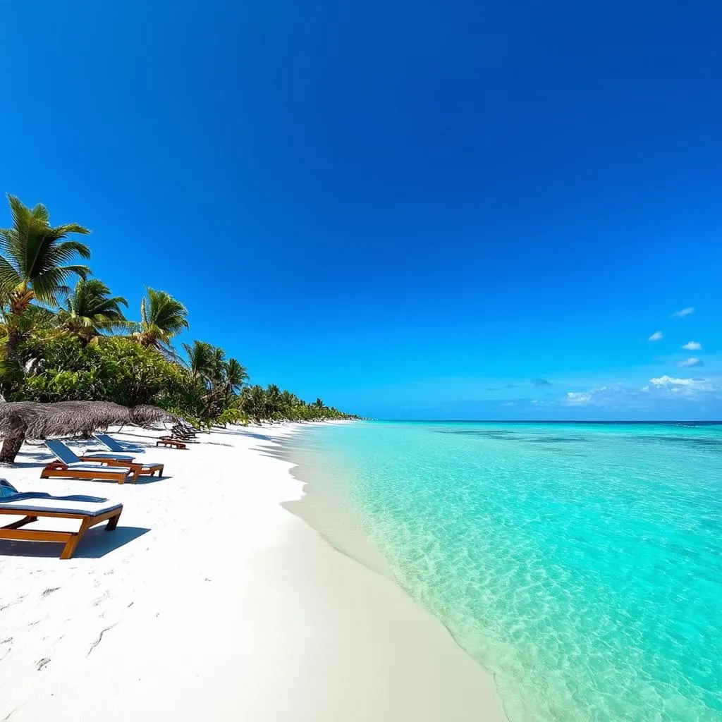 Clear blue water and white sand beach in the Bahamas