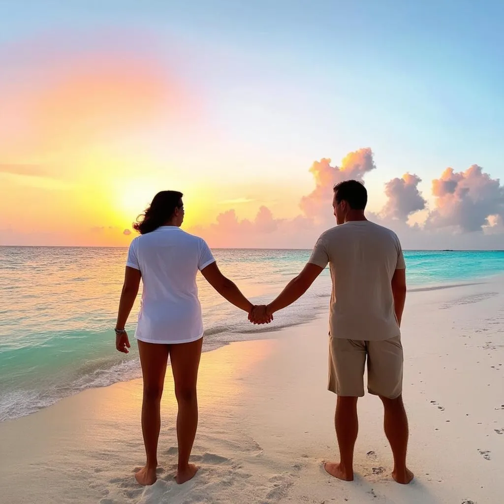 Couple enjoying the sunset on a Bahamas beach.