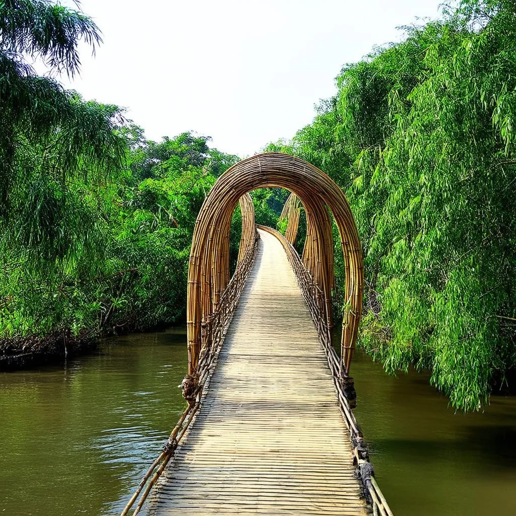 Peaceful bamboo bridge over a river in Vietnam