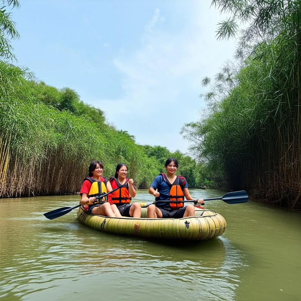 Tourists enjoying bamboo rafting