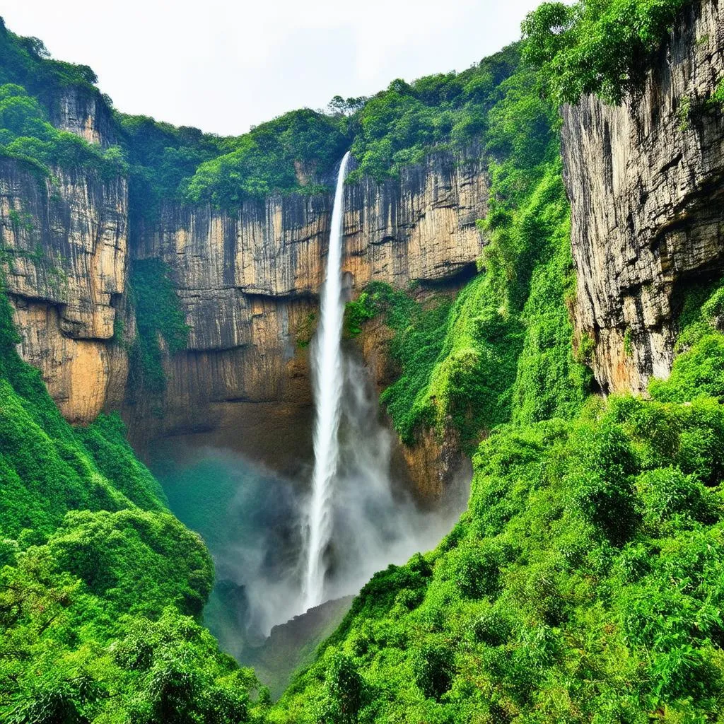 Ban Gioc Waterfall with surrounding greenery and cliffs