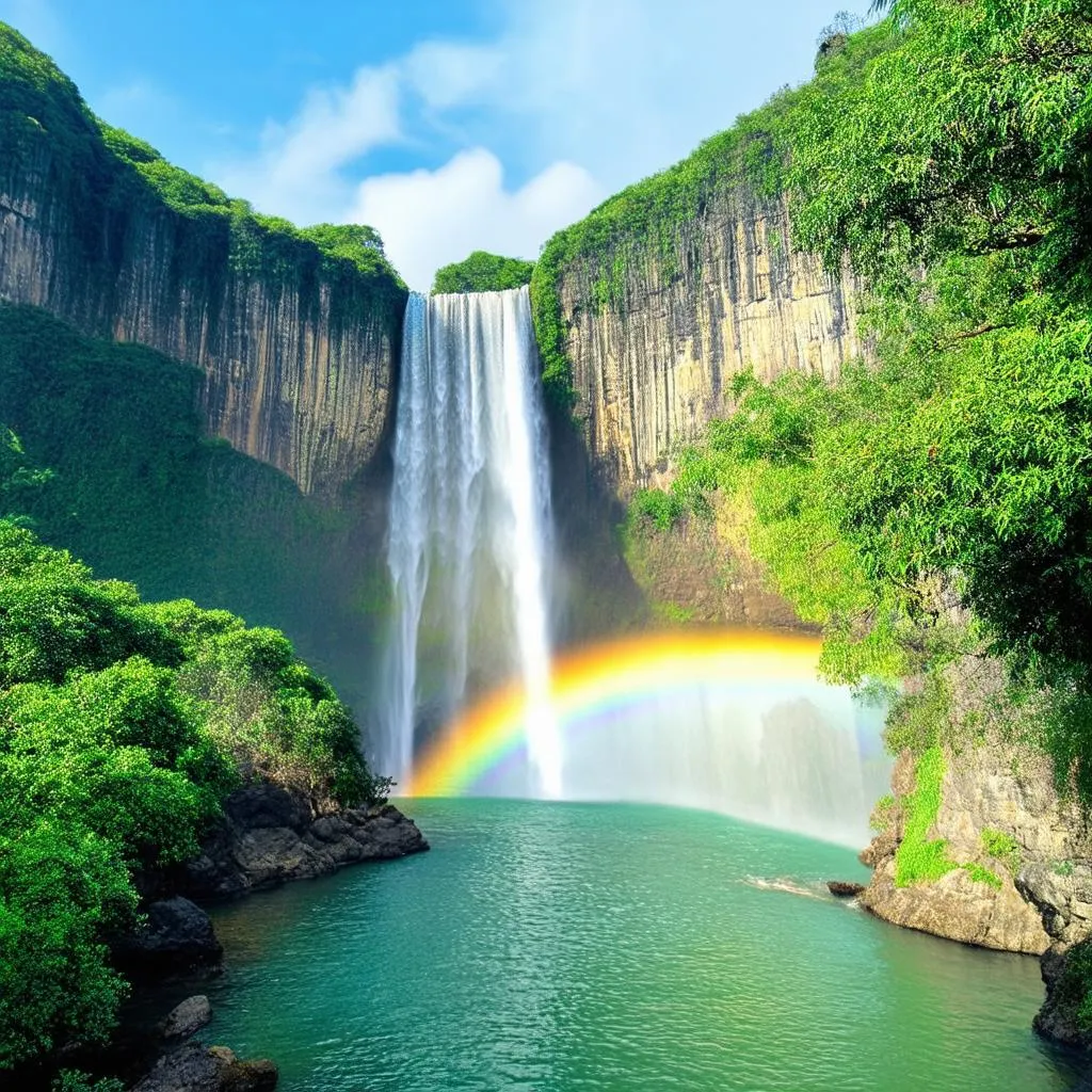 Ban Gioc waterfall with a rainbow