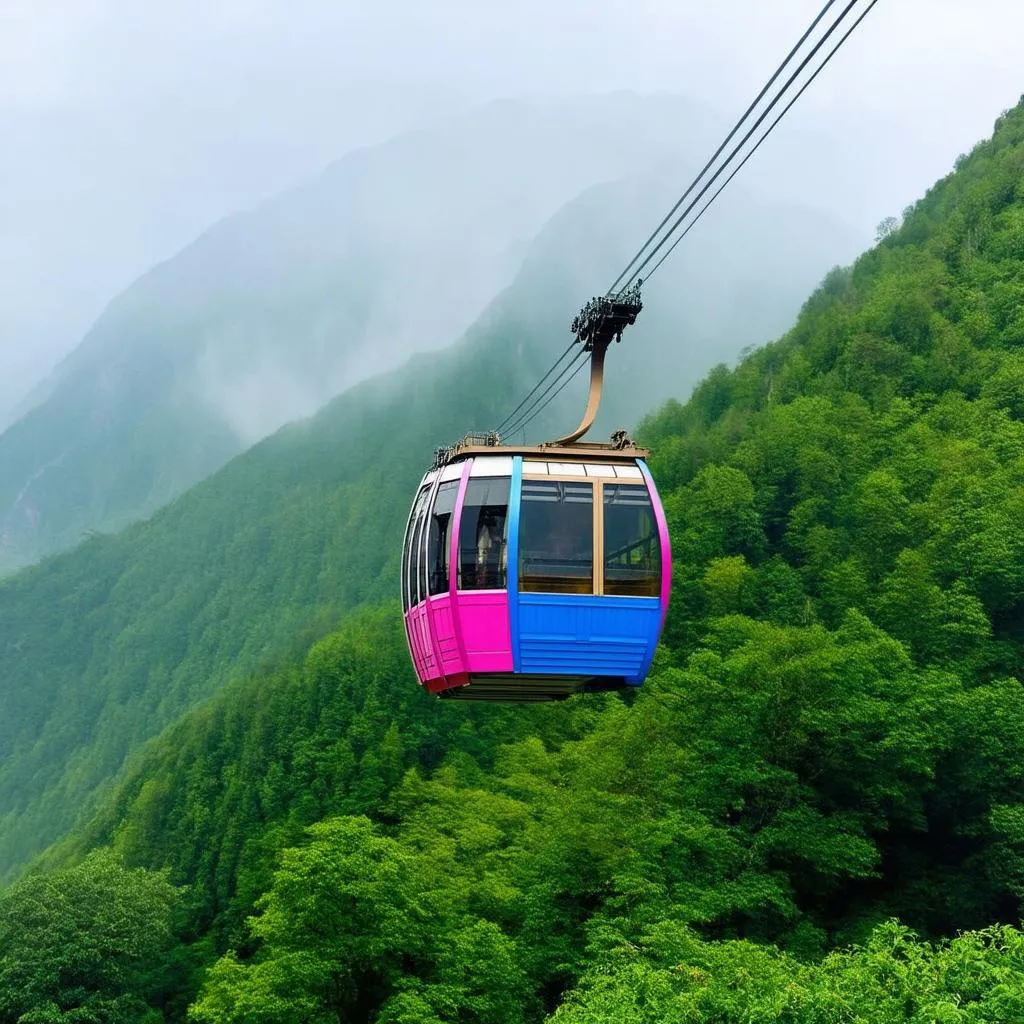 Cable Car Soaring over Lush Green Mountains