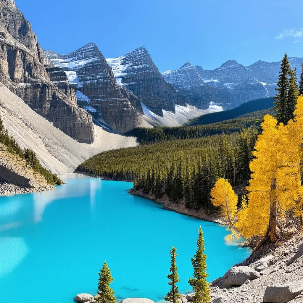 Moraine Lake in Banff National Park during larch season