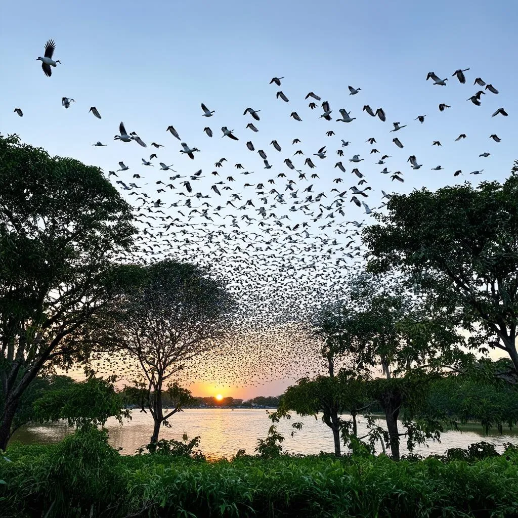 Birds soaring over Bang Lang Stork Garden 