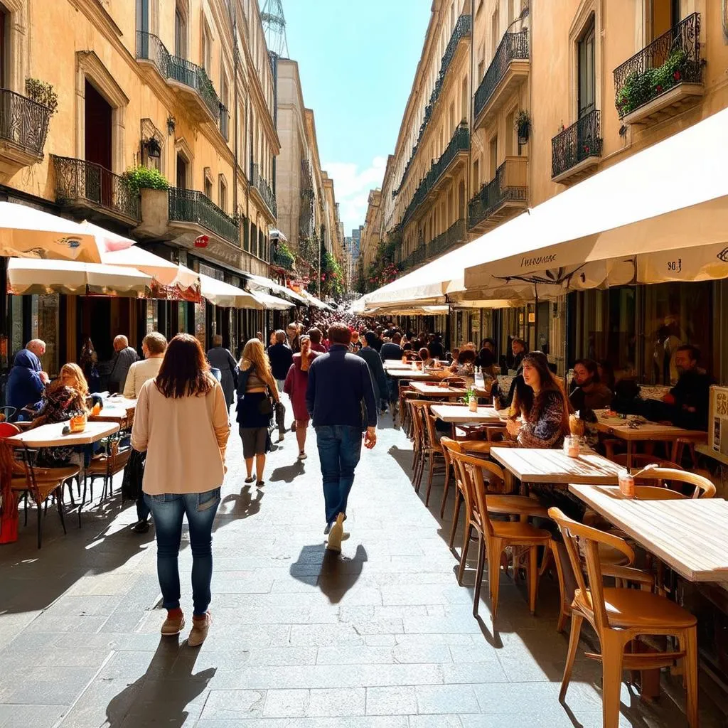 A bustling street in Barcelona with people and shops