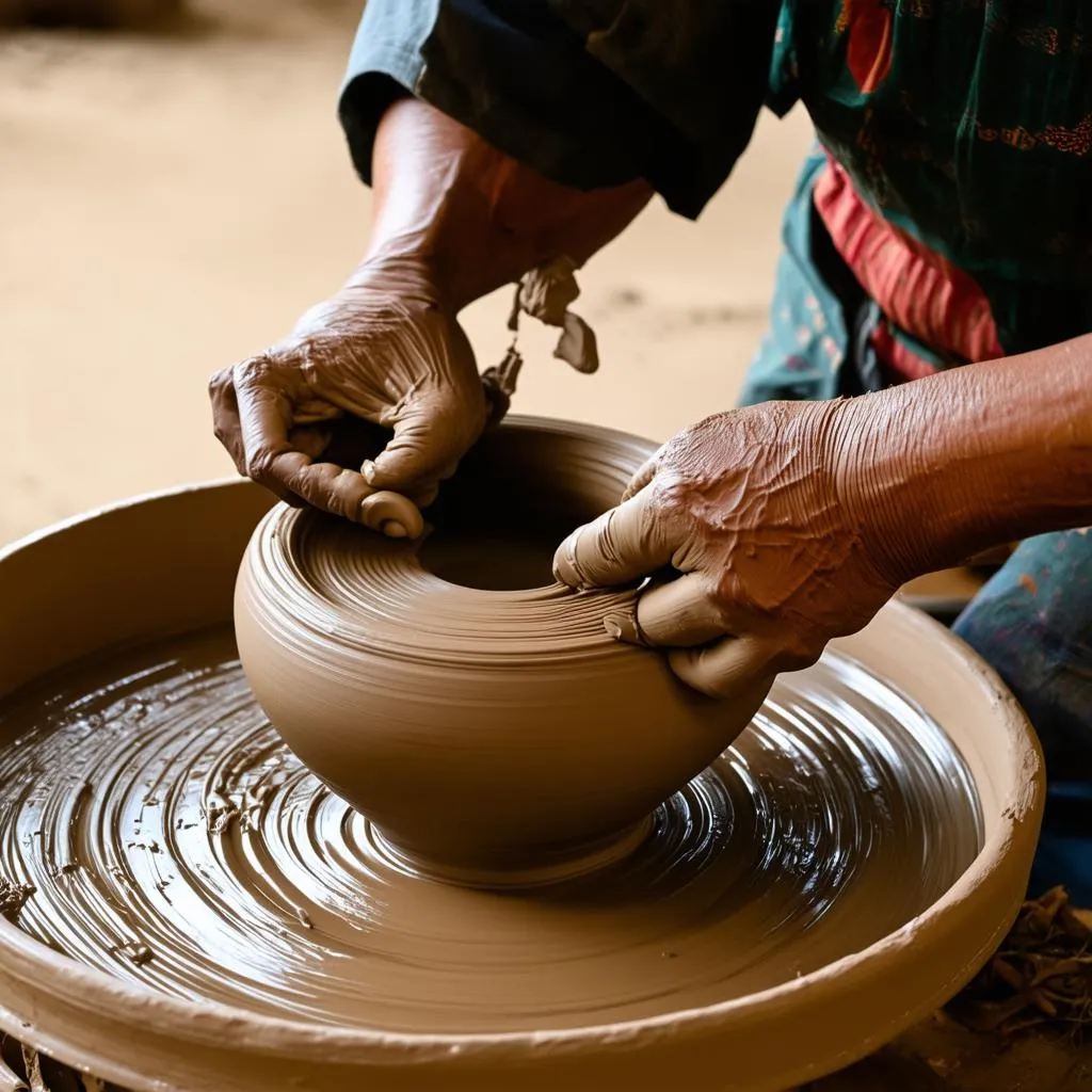 Hands shaping clay in Bat Trang