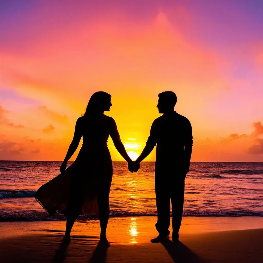 Couple silhouetted against a vibrant sunset