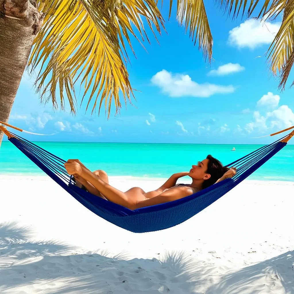 Tropical beach with a hammock overlooking the ocean