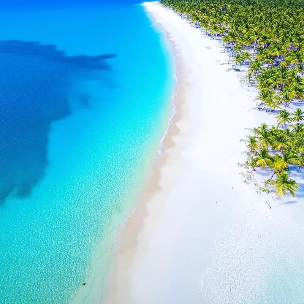 Aerial view of a beach with palm trees in The Bahamas