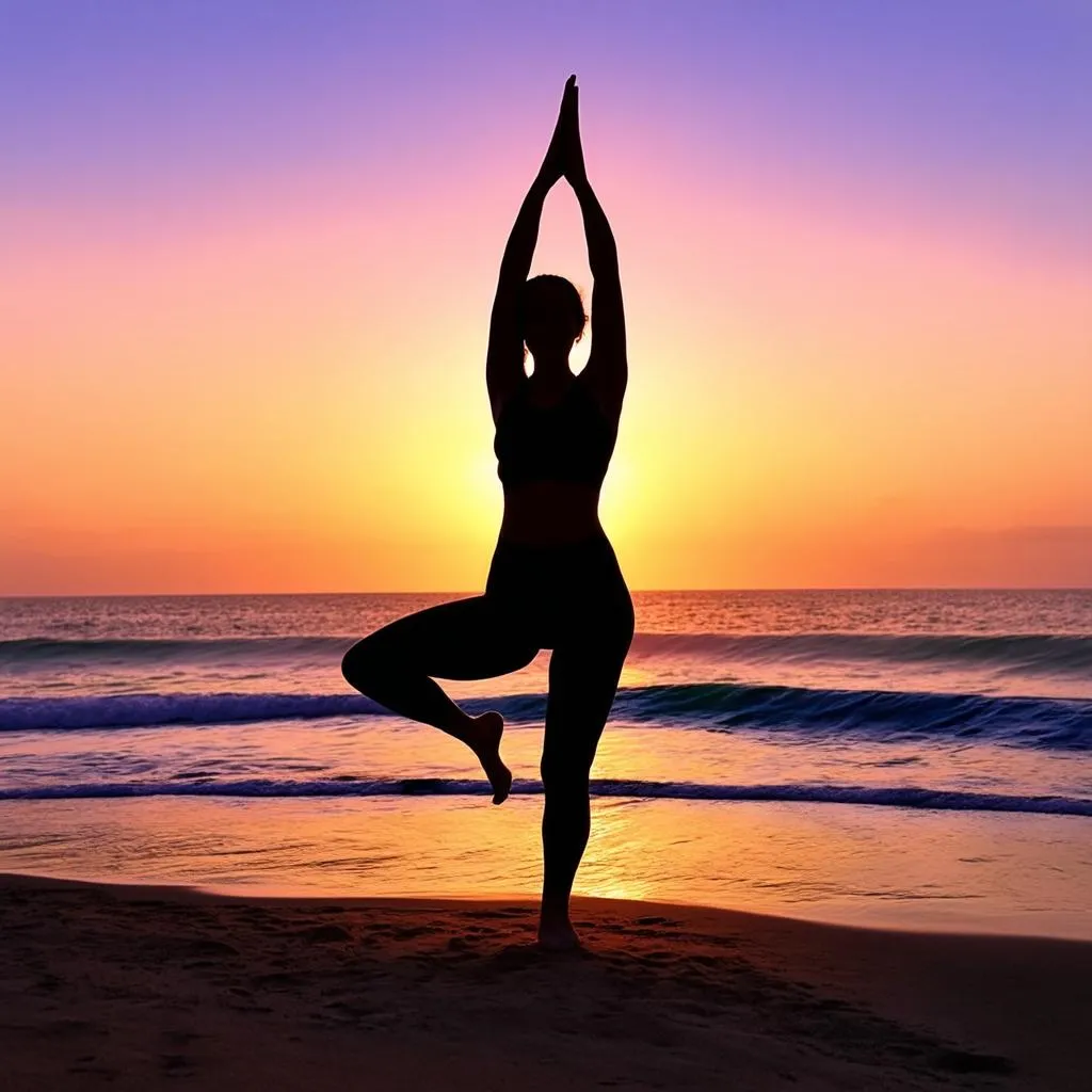 Woman practicing yoga on the beach at sunset