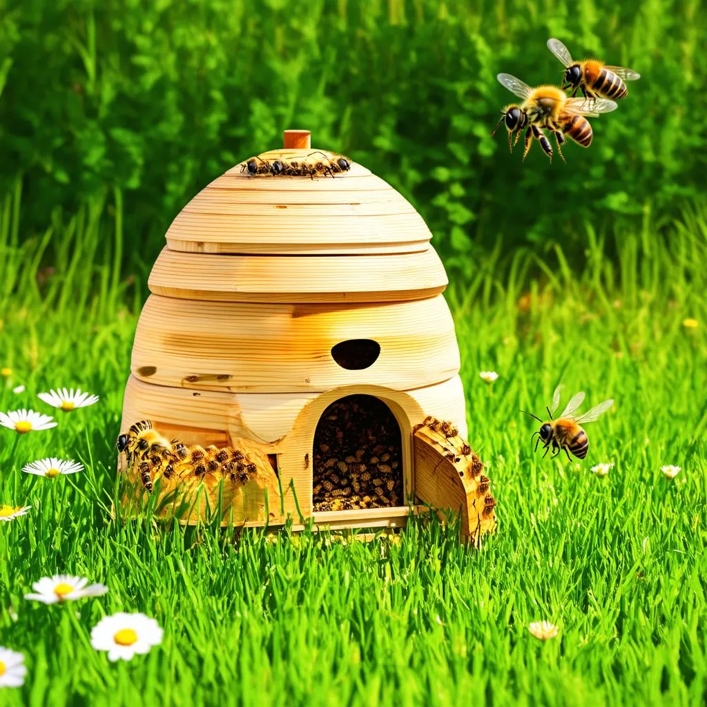 bees entering and exiting a beehive