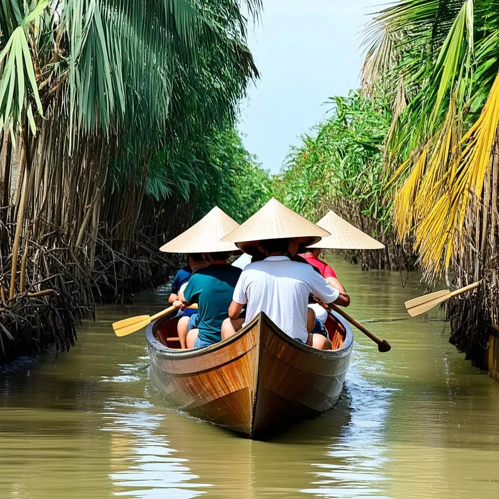 Tourists exploring the canals of Ben Tre by boat