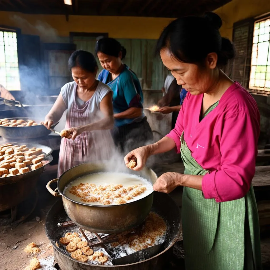 A bustling coconut candy workshop in Ben Tre, Vietnam.