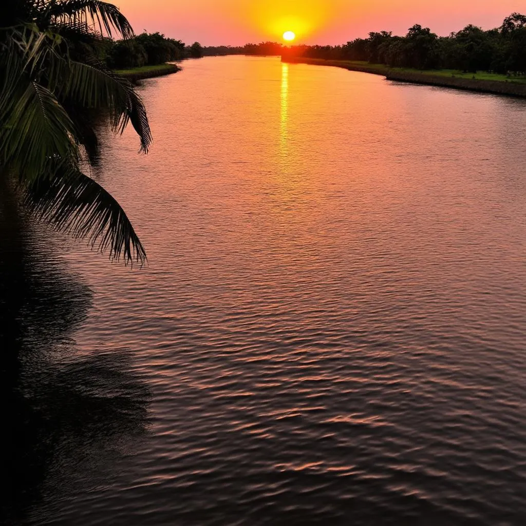 Sunset over the Mekong River in Ben Tre