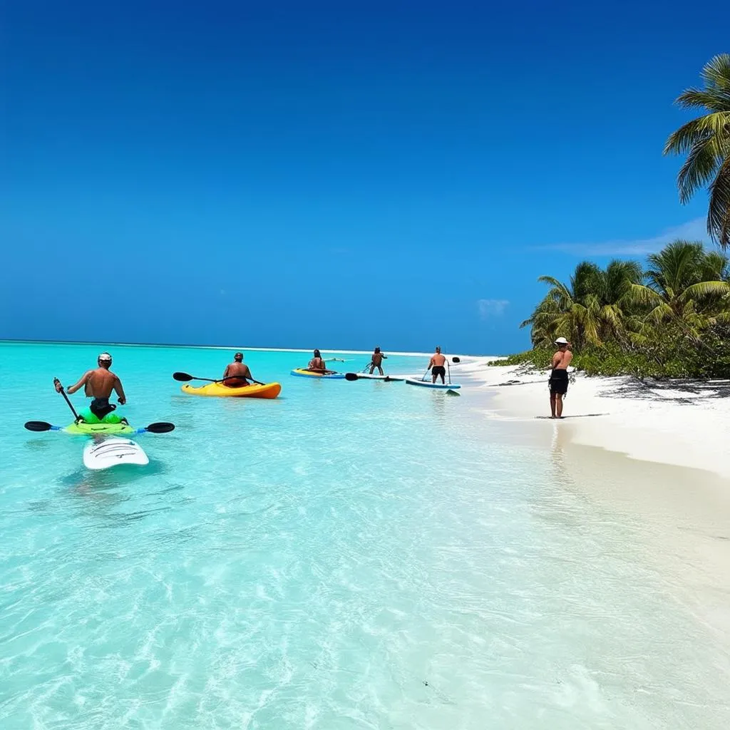 Bimini beach with calm turquoise waters and tourists enjoying various water sports