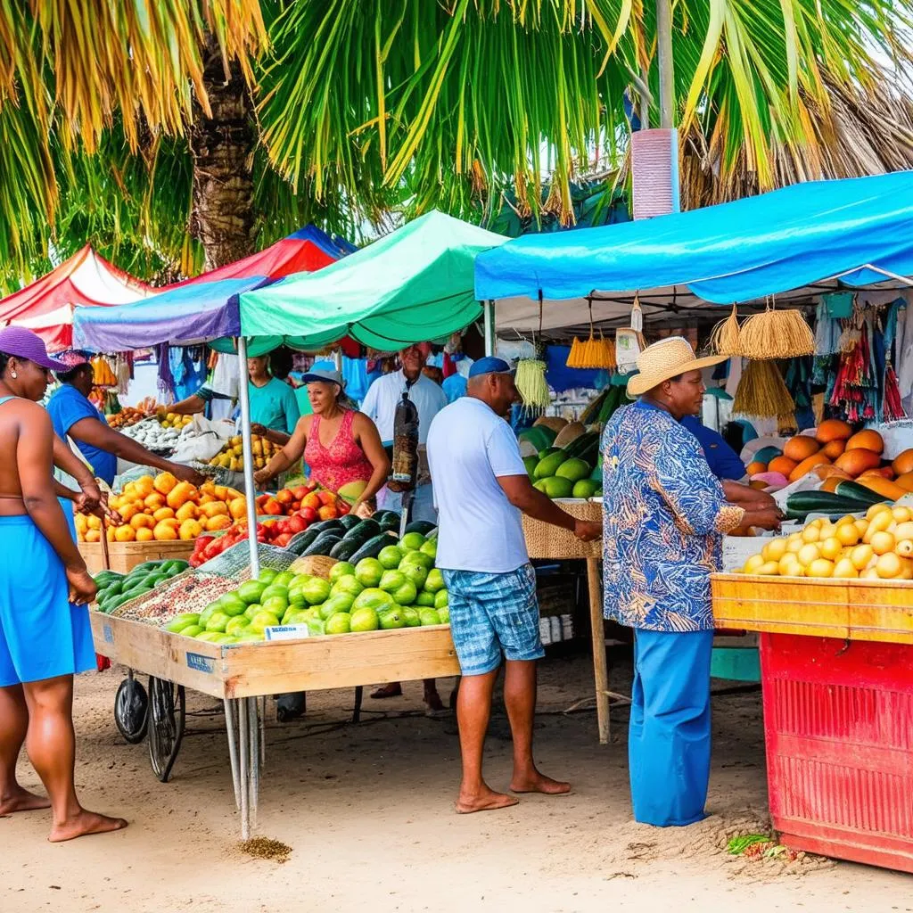 A bustling local market in Bimini with vendors selling fresh produce and handmade crafts