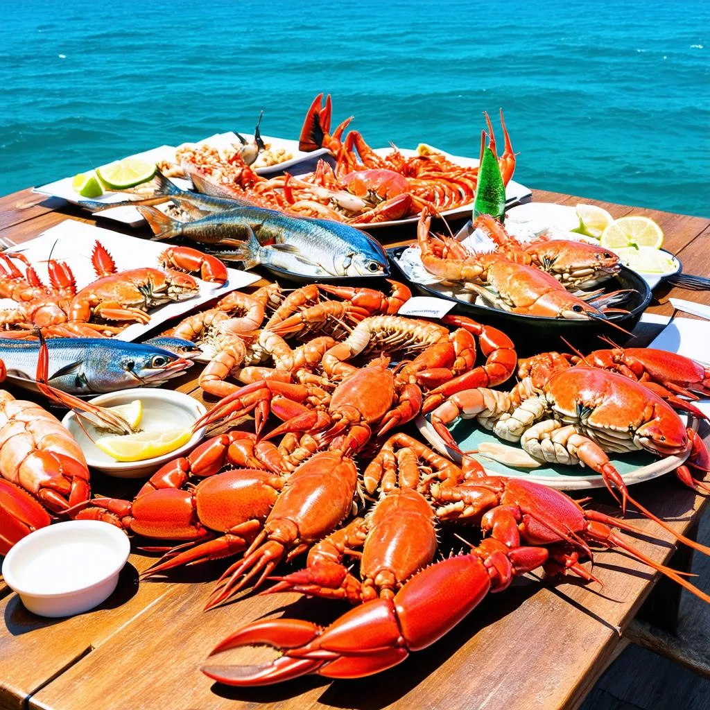 A table laden with fresh seafood