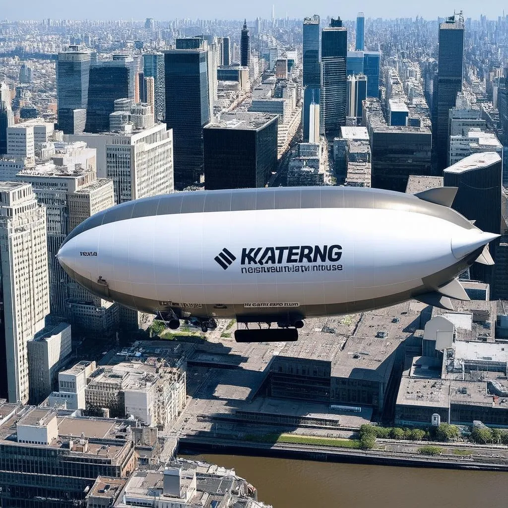 Blimp soaring over a cityscape