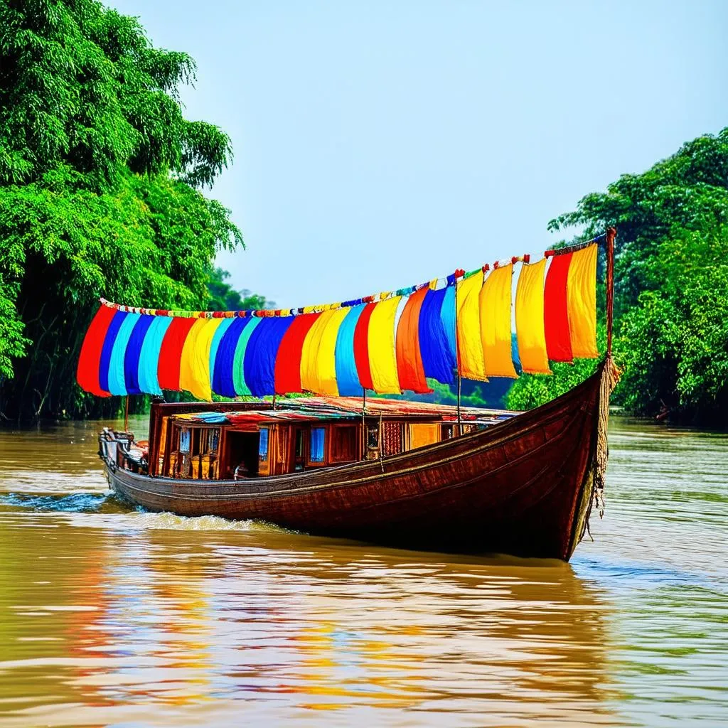 Boat peacefully sailing on the Mekong River