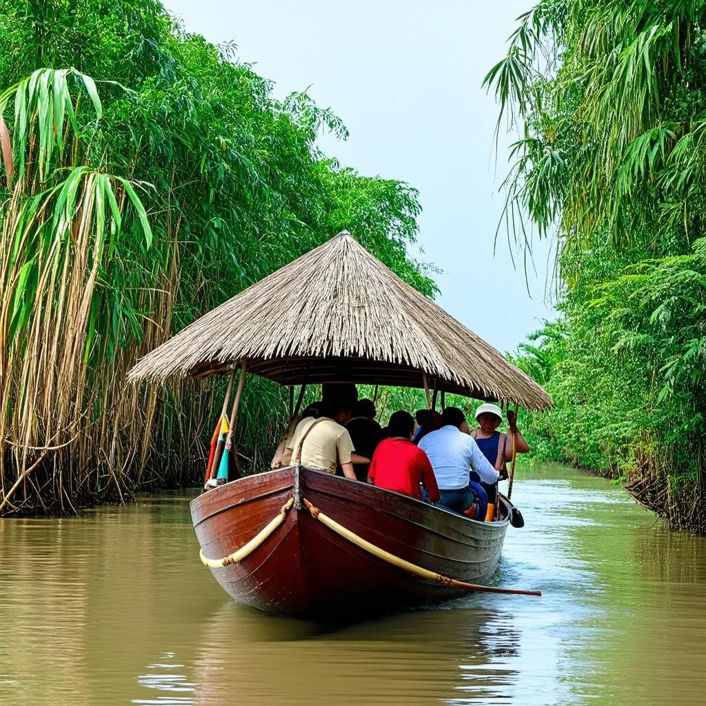 A traditional wooden boat travels down the Vam Co Dong River.