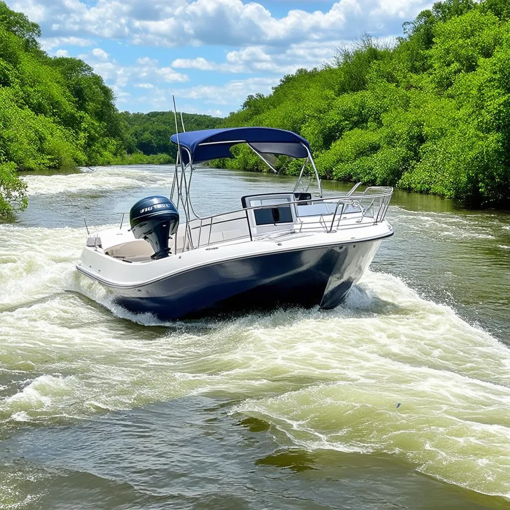 Boat battling upstream current