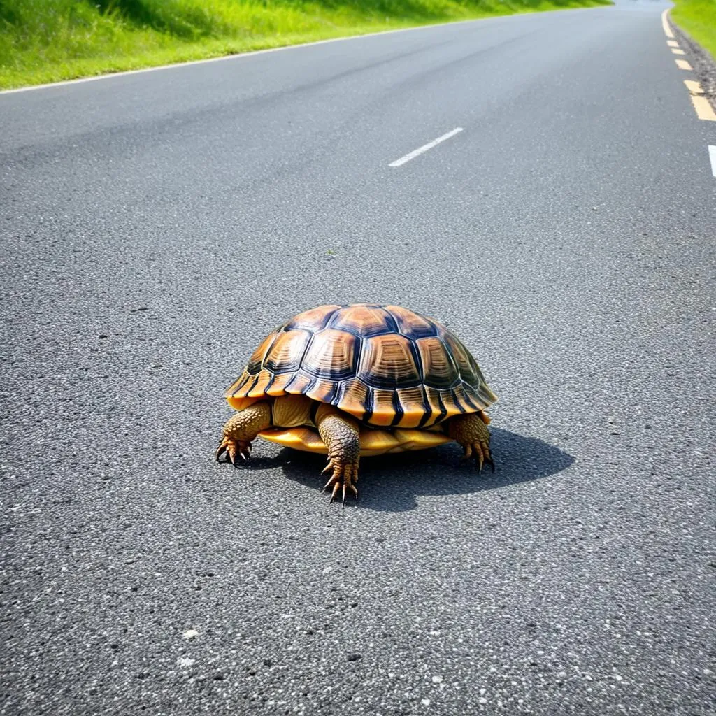 Box turtle crossing a road