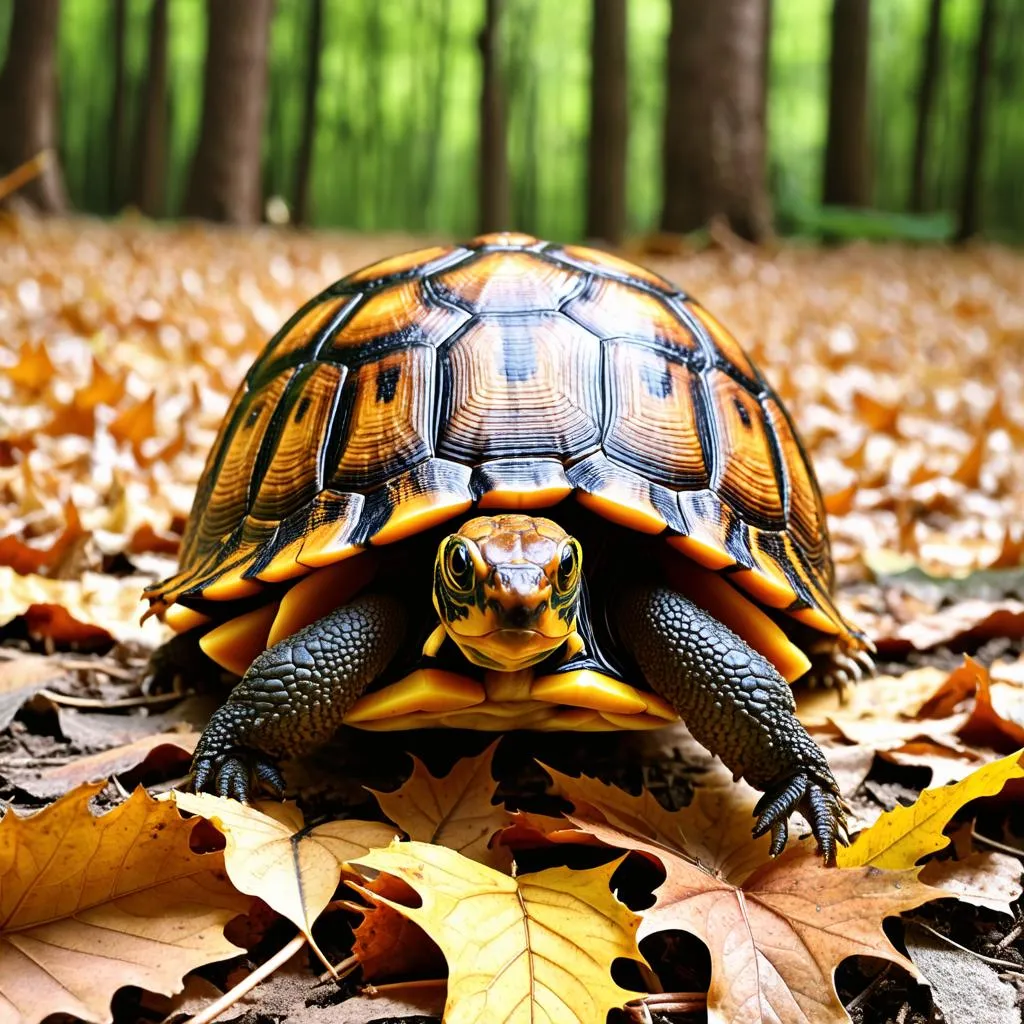 Box turtle walking in a forest