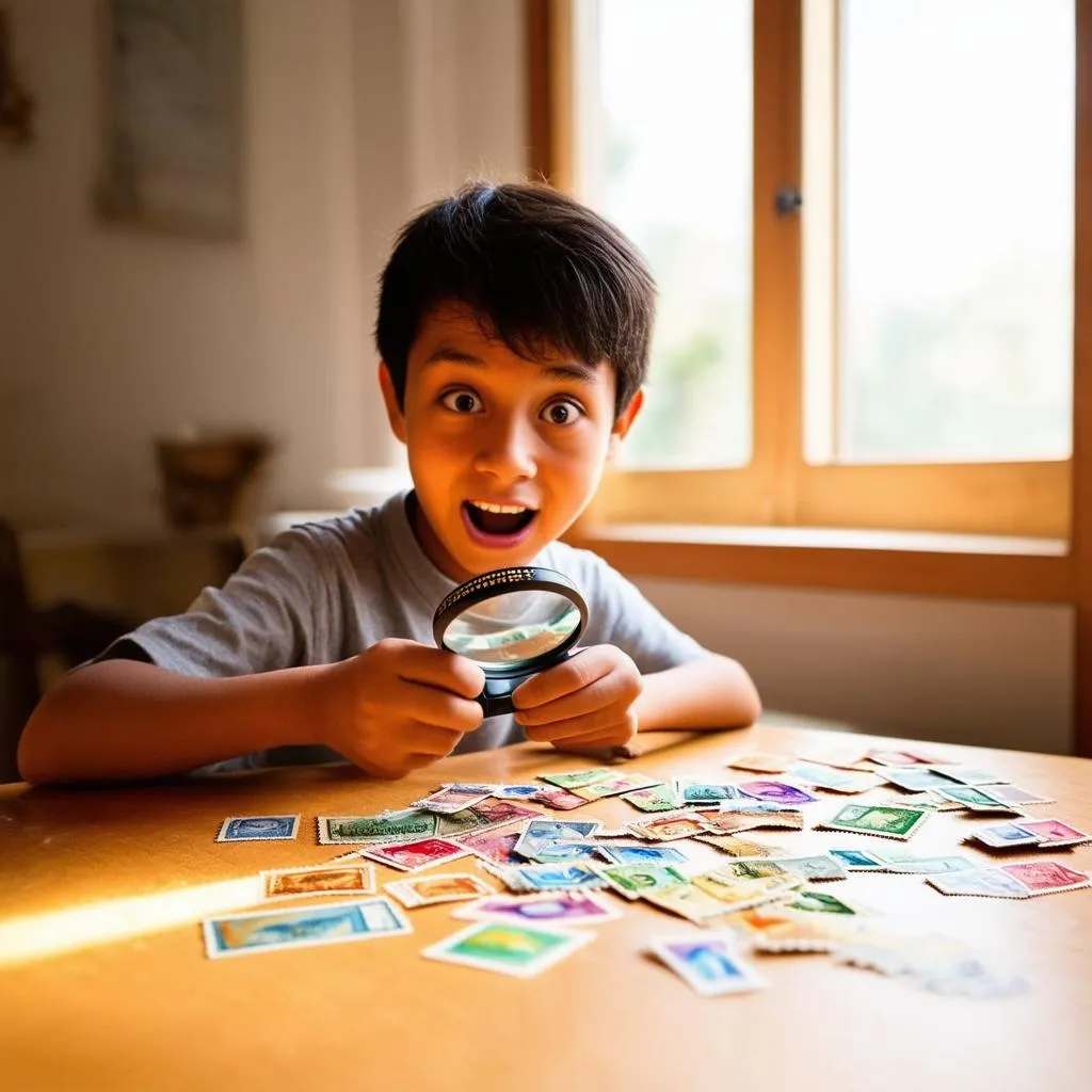 A young boy excitedly examines colorful stamps with a magnifying glass, his eyes wide with wonder and wanderlust.