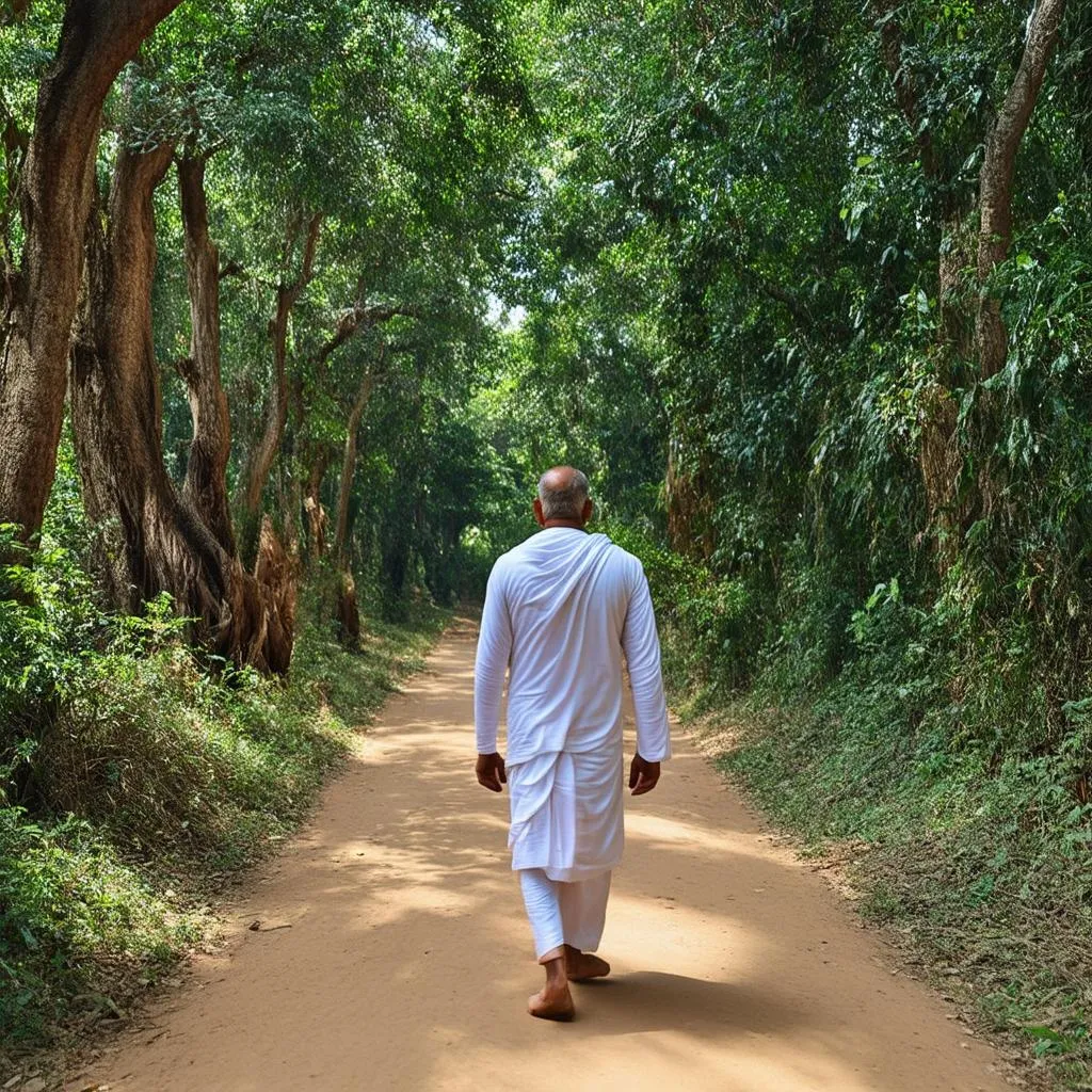 A lone Brahmin walks along a path through a dense forest