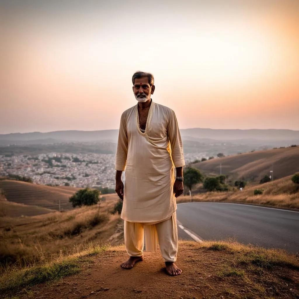 A Brahmin stands on a hill overlooking an open road with a distant city