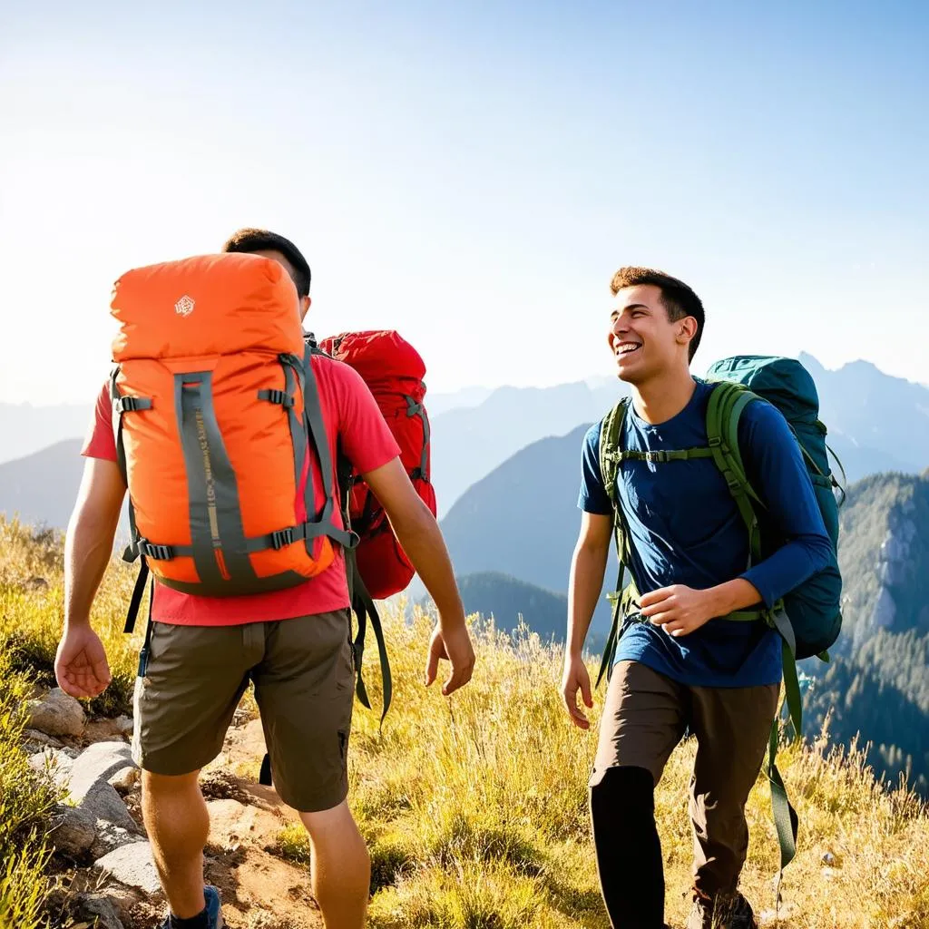 Two brothers hiking in the mountains with backpacks on a sunny day.