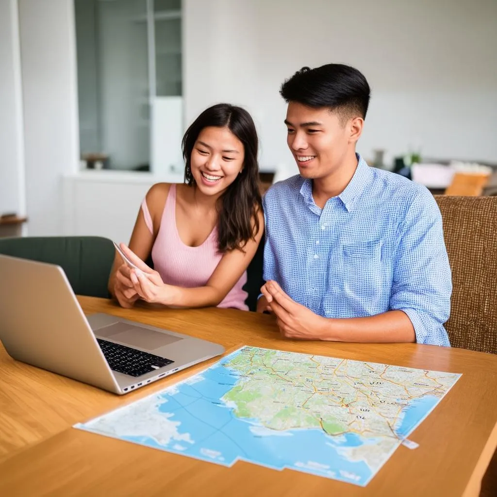 Couple planning their trip with a map and laptop