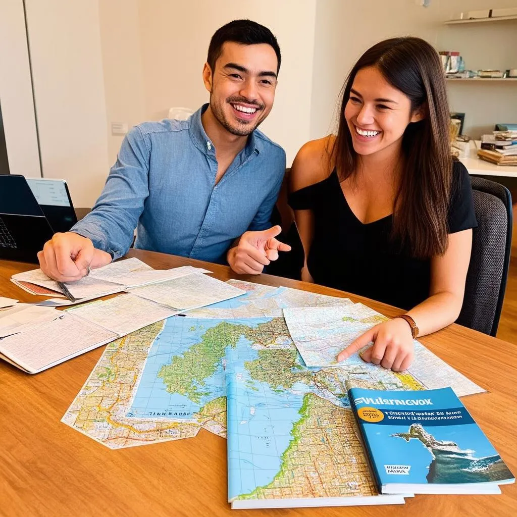 Couple planning a trip on a budget