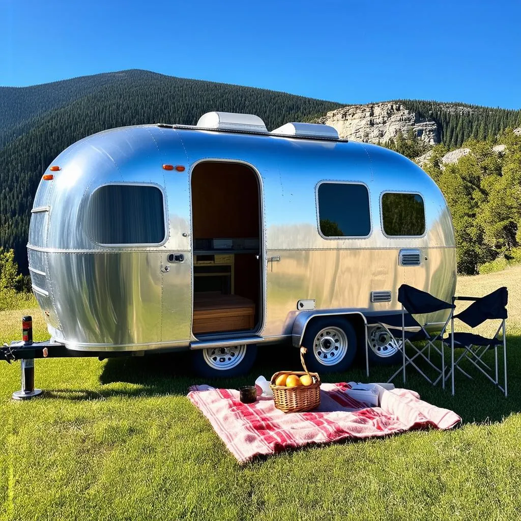 vintage bullet trailer parked at a scenic campsite