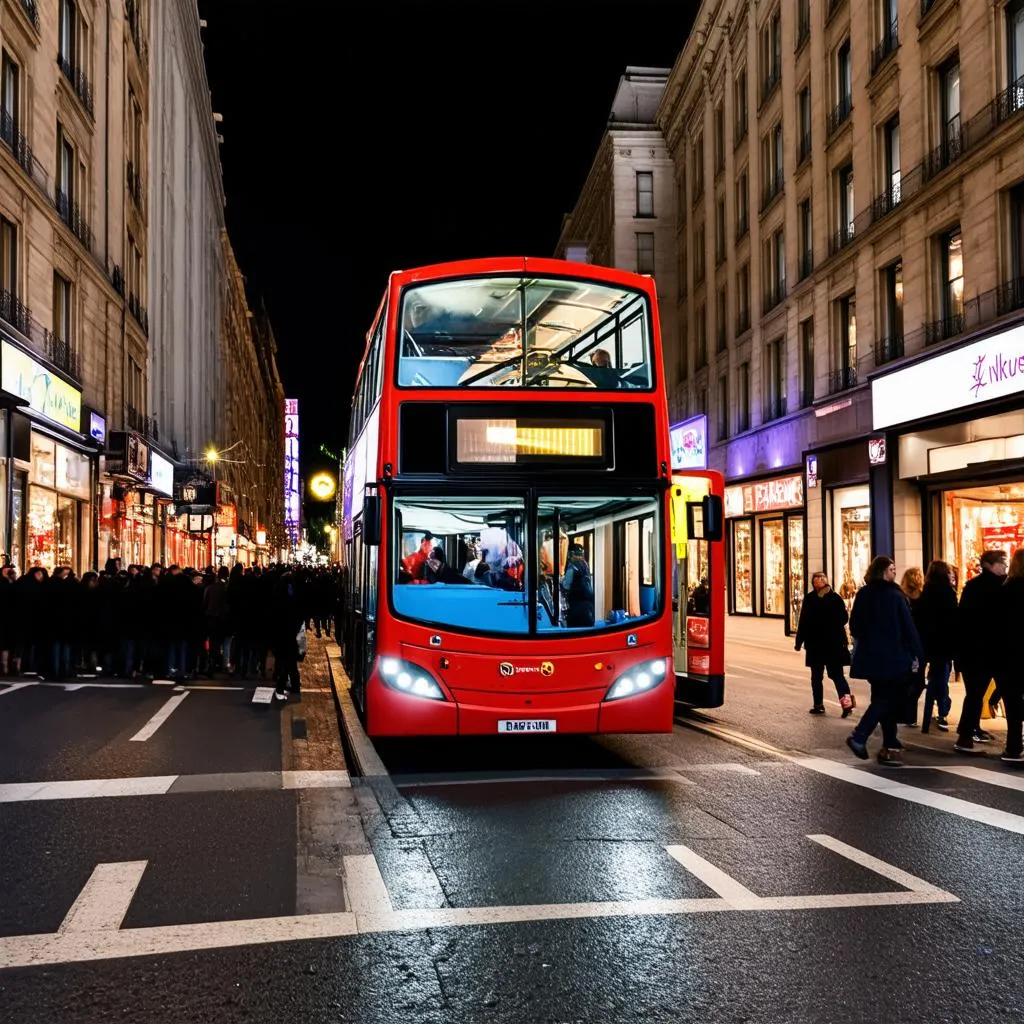 Busy city street at night with bus