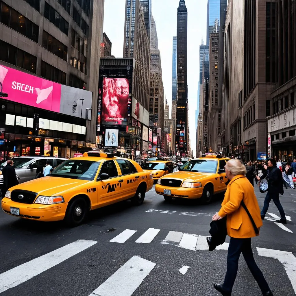 busy New York City street with yellow taxi cabs